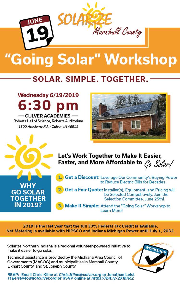 CulverISstellar's tweet photo. If you're interested in learning more about whether solar power might make sense for you, plan to attend the "Going Solar" workshop on Wednesday, June 19 @ 6:30pm, in Roberts Auditorium on the Culver Academies campus. 

RSVP to chris.kline@culver.org or jleist@townofculver.org https://t.co/HEiB9tRm43