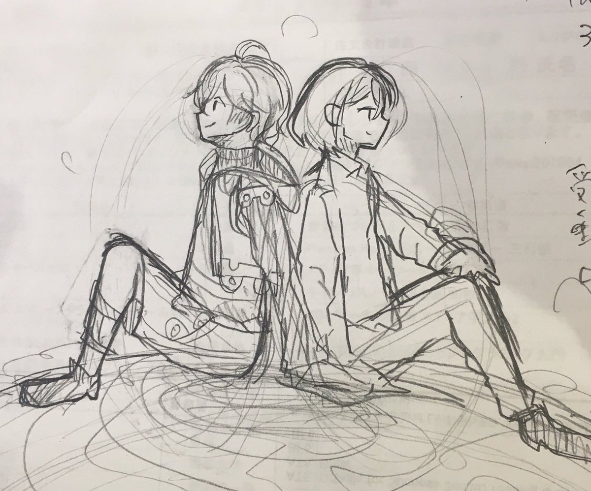 私も便乗して9周年の絵の話を!!
光の逆光感に特にこだわりました。光が青いのもポイントです、未来です。
お名前が似ている2人を背中合わせにしてる所にエモがあります………。
2枚目はラフ 