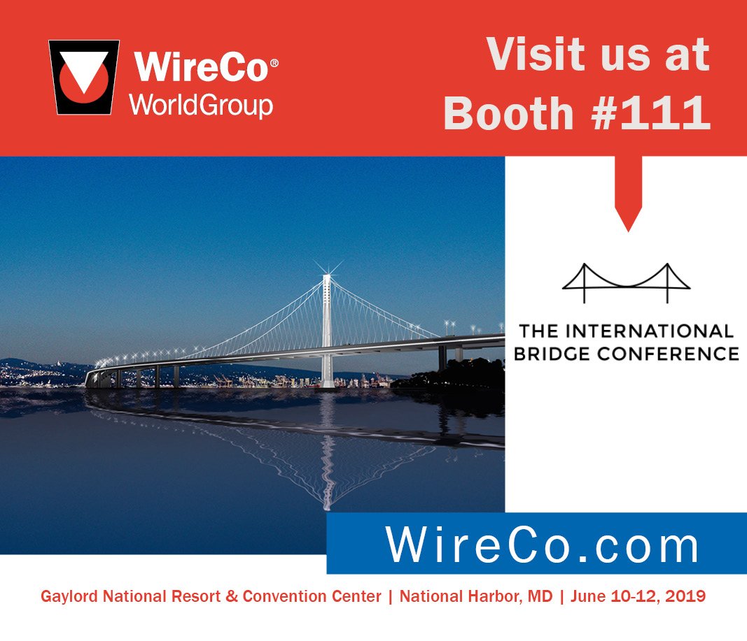 wireco's tweet photo. @IntlBridgeConf 2019 is underway. Be sure to visit with the WireCo Structures experts in booth 111. #wireco #IntlBridgeConf #wirecostructures https://t.co/ZzDzR1DNyF