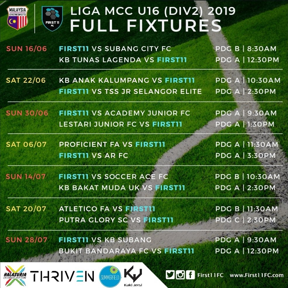 first11fc's tweet photo. The full fixtures for First11 U16 Div 2 Liga MCC 2019.

All the best boys!

#first11fc #creatingfuturelegends #football #academy #LigaMCC2019 #u16div2
#halasuriaexchange #thriven #summerfieldmilk #kakijerseydotcom https://t.co/Nkf6ndL1Da