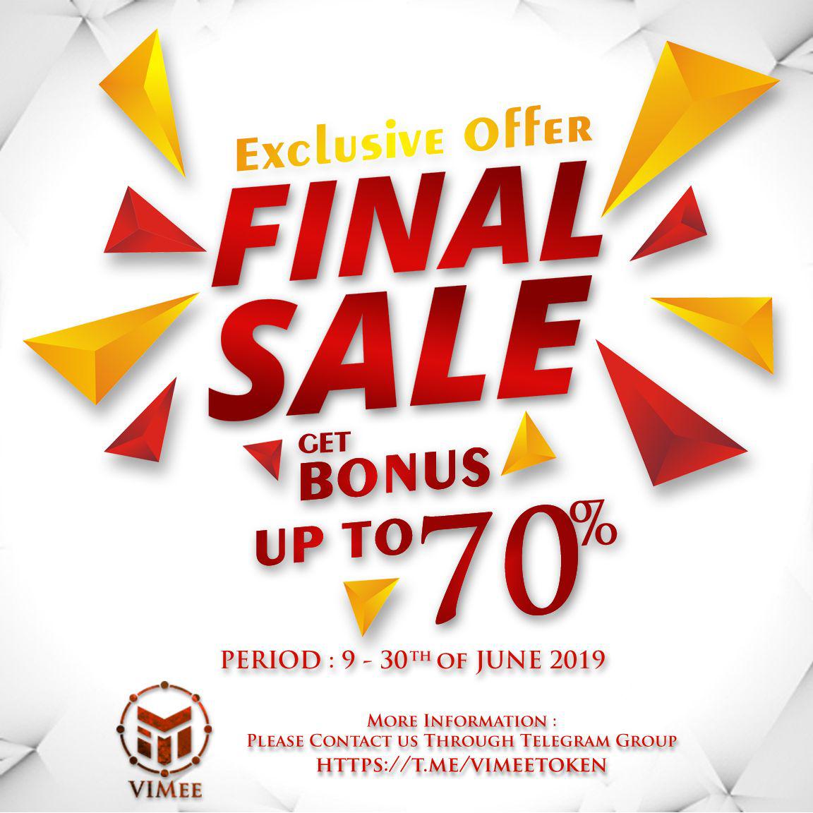 ✔️✔️Until end of June 70% BONUS for all VIMX purchased.✔️✔️

#vimeetoken
#vimee
#vimx
#finalsale
#sale
#bonus
#ico