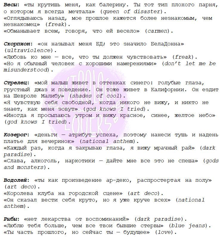 iimsochanelg's tweet photo. Знаки зодиака, как слова из песен Ланы Дель Рей
*можете смотреть не только солнечный знак зодиака. https://t.co/F6jpVHXk7q