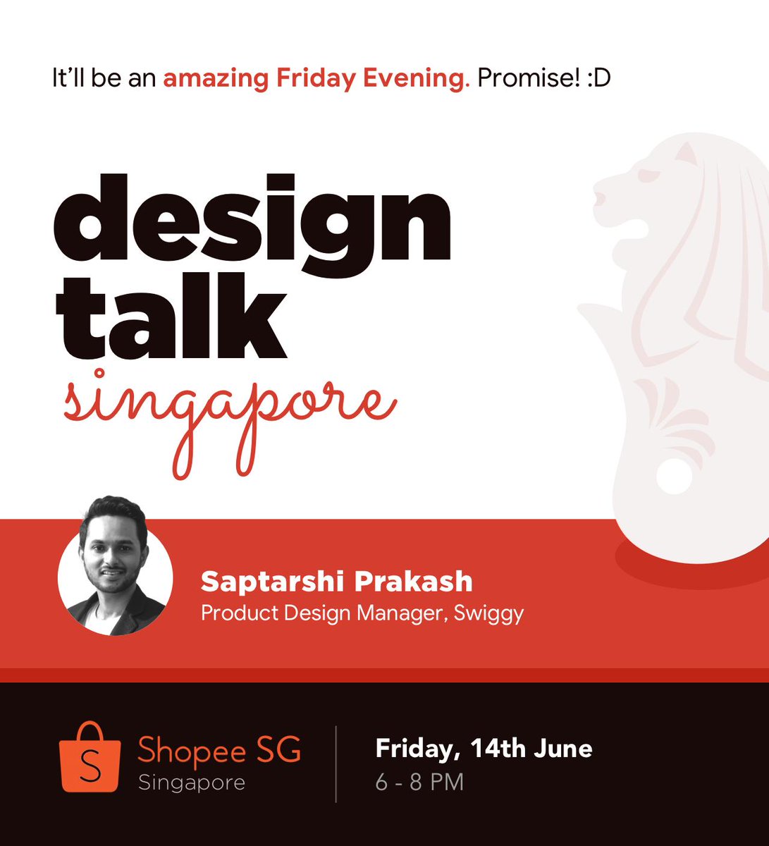 I'll be speaking at <a href="/ShopeeSG/">Shopee Singapore</a>, Singapore on 14th June 2019. Looking forward to an interesting #UX discussion with the rockstar, consumer-obsessed designers of #Singapore! :D Register hub.hellomeets.com/e/design-talk-…
#swiggy #startup #designtalk #shopee #designerlife #design