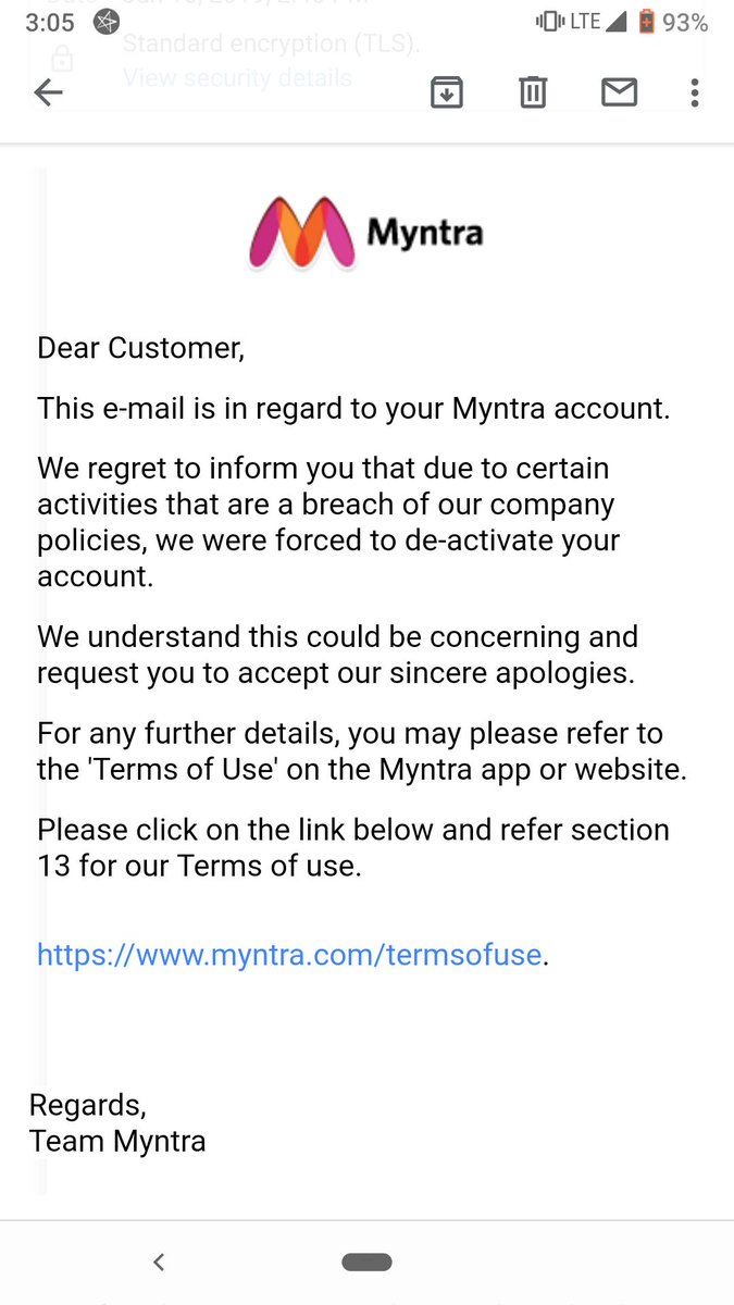 <a href="/myntra/">Myntra</a> Got a mail saying that my account is deactivated. Reasons not clear. Please note that I have credit in my Myntra wallet. This is looting! #ShameonMyntra