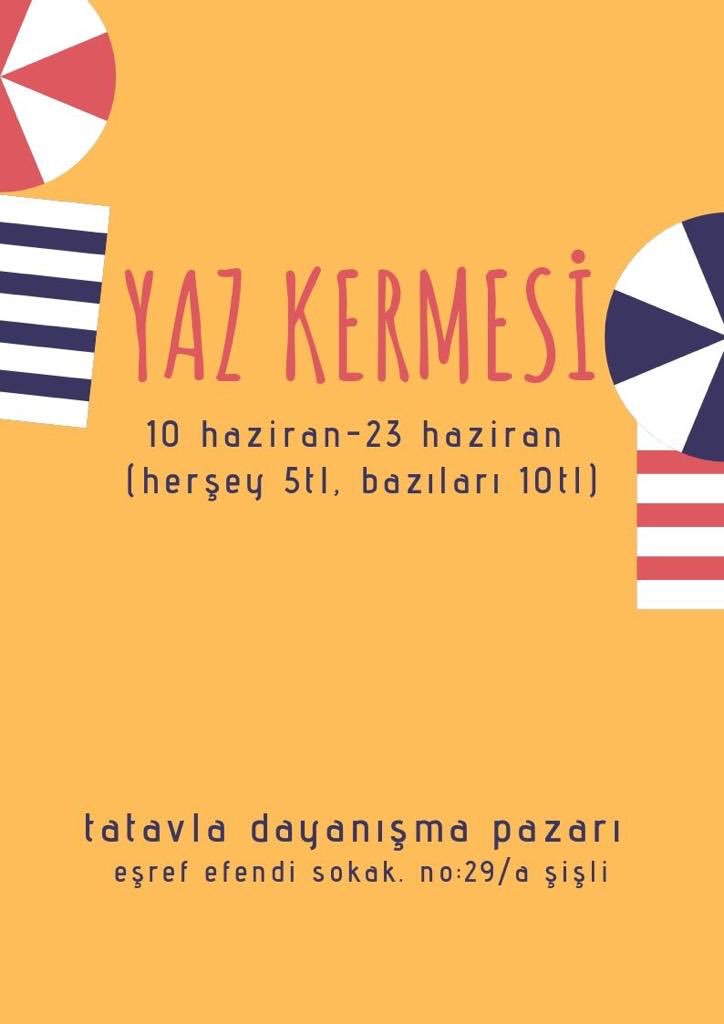 Yaz kermesimiz başladı :) 
Ekonomik krizin derinleştiği şu dönemde siz en iyisi bize gelin. Dayanışmayla atlatamayacağımız kriz yoktur. 
10-23 Haziran tarihleri arası her şey 5, bazıları 10 tl.
Hepinizi bekliyoruz 🌱 🌱