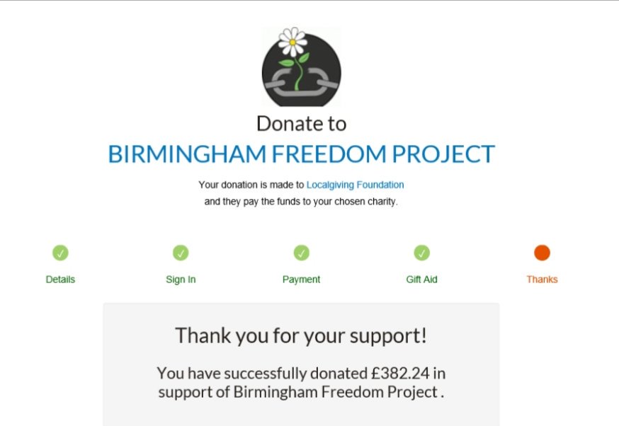 Your donations have been received by <a href="/dvsouthbham/">WE:ARE(Women’s Empowerment And Recovery Educators)</a>. Thank you for all your support during our fundraising. <a href="/HARSbcu/">BCU HARS</a> <a href="/BCUHELS/">BCU HELS</a>