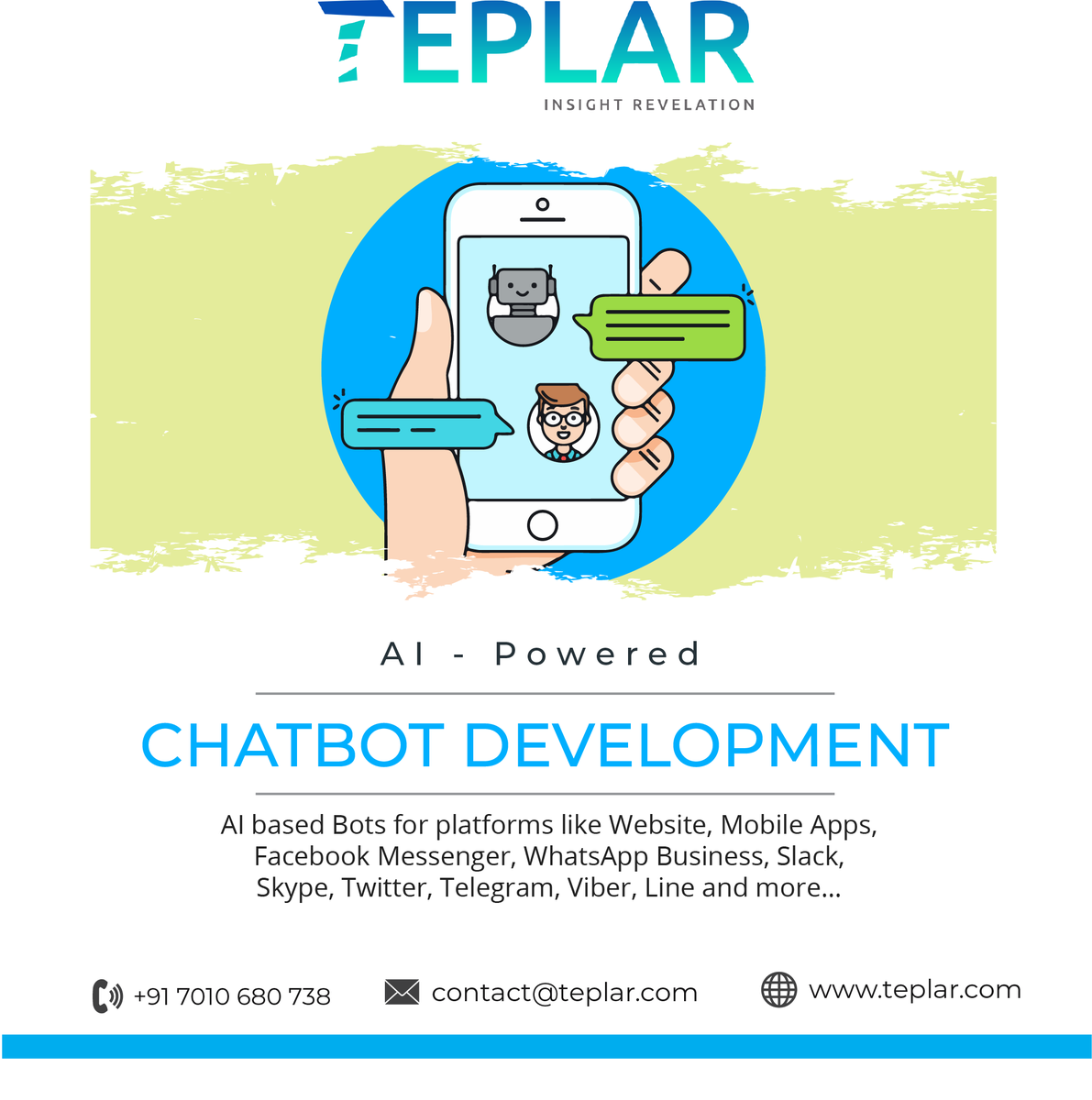 teplarsolutions's tweet photo. AI Powered Chatbot Development Solutions for your Business &amp; Customer Support Service.

For more details contact us - +91 7010680738 / contact@teplar.com

#Chatbot #Chatbots #ChatbotDevelopment #ChatbotSolutions #CustomerSupport #CustomerService #AI #AIChatbot https://t.co/pgl1HCQs12