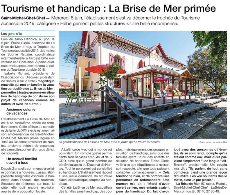 Revue de presse du week-end : après avoir été récompensée aux Trophées  du #TourismeAccessible, La Brise de Mer à l'honneur dans <a href="/OuestFrance44/">Ouest-France 44</a> dans son édition du Pays de Retz samedi 8 juin !