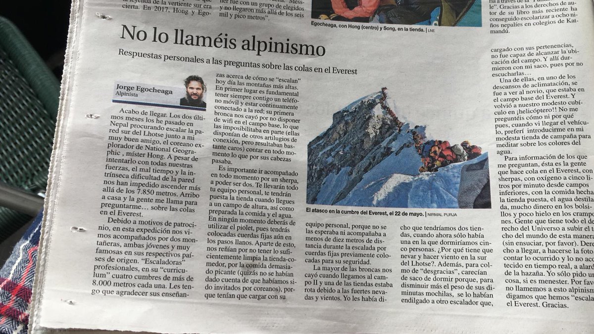 apulin_colorado's tweet photo. Jorge Egocheaga sobre el Everest, y sobre dos acompañantes en su andadura en el Lhotse. Creo q queda claro su opinión y la de muchos. NO LO LLAMÉIS ALPINISMO. https://t.co/A8h6c2sYoj