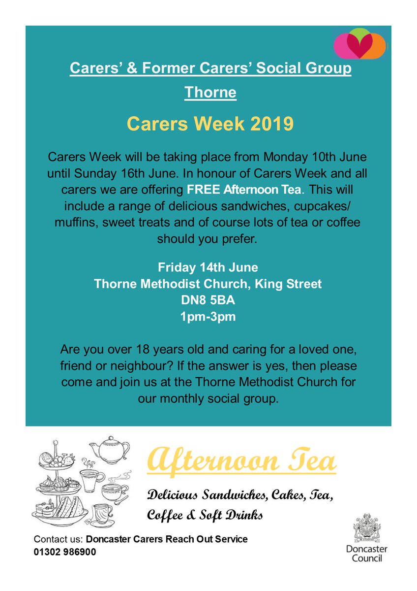 CarersDoncaster's tweet photo. #CarersWeek #SupportForCarers #TeaParty #AfternoonTea #OfficialLaunch #Hallgate
Join us to celebrate Carers Week #inclusion @MyDoncaster @MakingSpaceUK @CommunitiesNor1 @eastareateam @CentralAreaTeam https://t.co/IKwpES1gCS