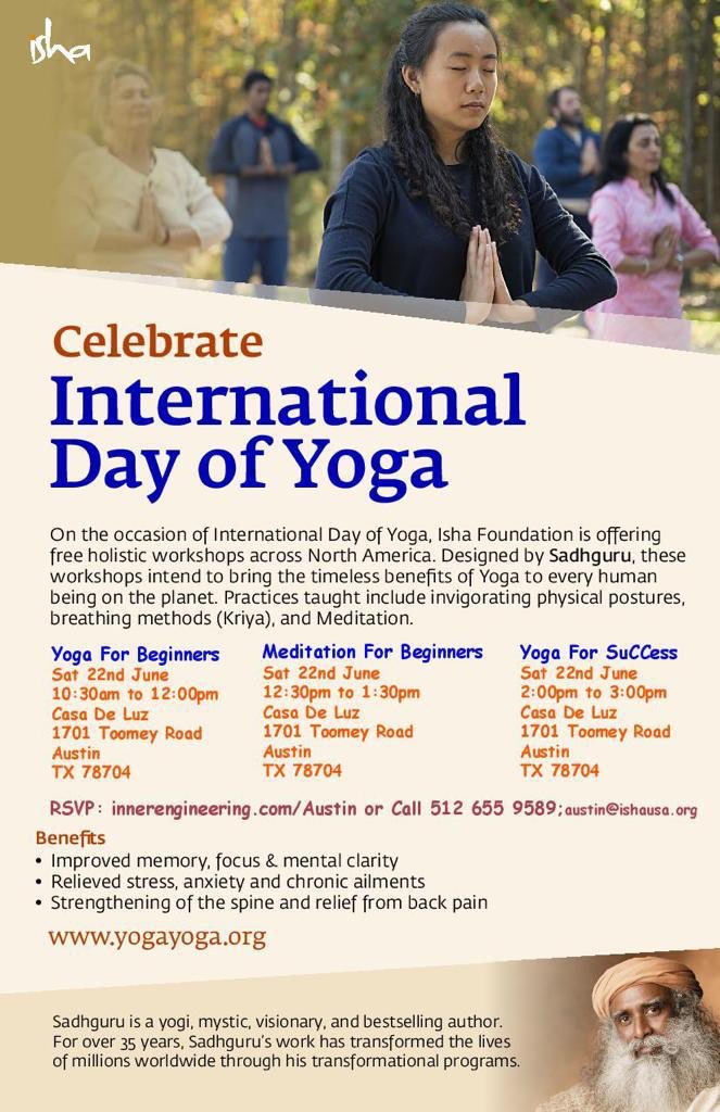 sravan_kumarv's tweet photo. Join us for a FREE yoga session this 22nd June offered by Isha Foundation for the International Day of Yoga! RSVP: https://t.co/6p1rz9ofJz #IDYIshaAustin https://t.co/HLCY8IBvyb