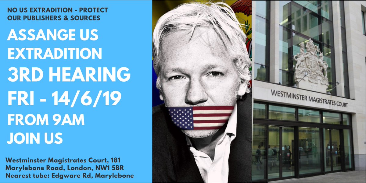 Important Protest Friday 14th of June from 9am #Westminster Magistrates Court (not Belmarsh) In support of @wikileaks publisher #JulianAssange Raise your voice in protest against #USExtradition #FreePress #FreeAssange Nearest Tube: Edgware Rd / Marylebone