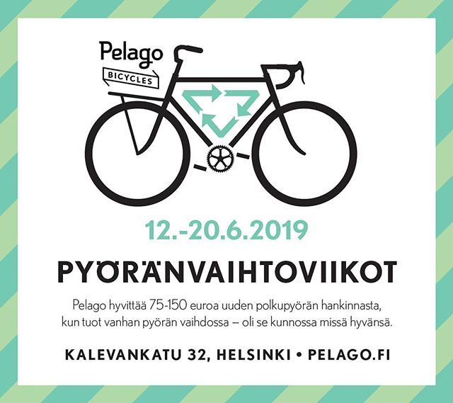 Pyöränvaihtoviikot alkavat taas! Hyvitämme pyörästä kuin pyörästä 75€–150€, kun tuot sen meille vaihdossa uuteen Pelagoon. Lisätiedot bion linkistä!
/
Bike Swap Week is here! Bring any old bike to us in exchange for a new Pelago and get a 75€–150€ di… bit.ly/2WttKGO