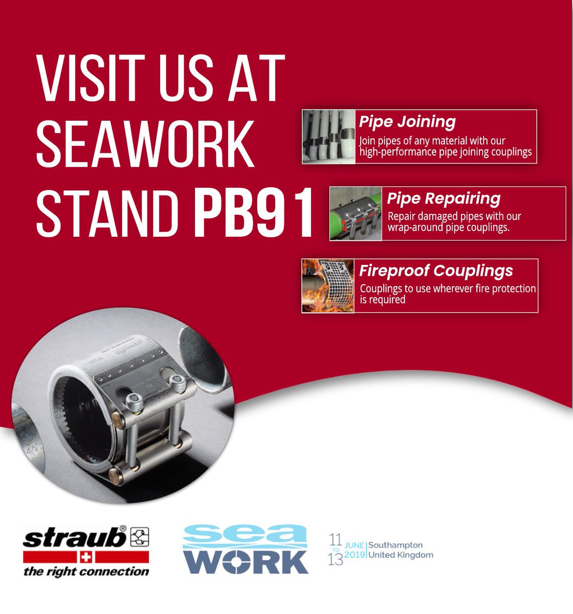 straubcouplings's tweet photo. Come and visit us at @seawork exhibition 11-13 June, stand PB91. #straubcouplings #pipelinerepair #joiningpipes https://t.co/AQEQc6Sm1l