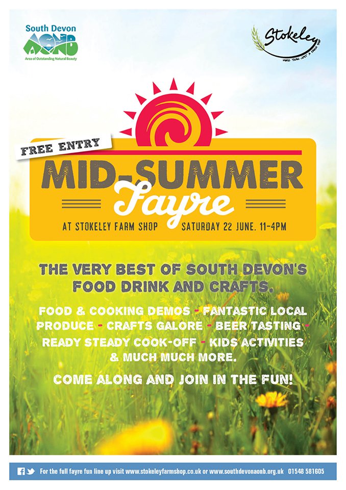 Join Us Saturday 22nd June 11-4 Summer Fayre showcasing South Devon's finest food, drink, arts &amp; crafts.
With demos, workshops, local produce, crafts, beer tasting, #kids activities, #BBQ &amp; more. #familyfriendly
In partnership with South Devon Area of Outstanding Natural Beauty