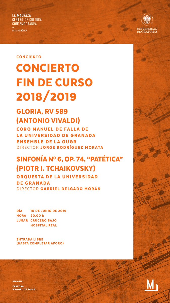 lamadrazacccugr's tweet photo. El Coro Manuel de Falla de la #UGR con ensemble de la Orquesta de la #UGR se harán cargo del Concierto Fin de Curso 2018-2019, que tendrá lugar hoy, 20h, en el Crucero del Hospital Real. https://t.co/0jemeeNmGJ @OrquestaOUGR @Comafa_UGR @musicaugr @CanalUGR @educaugr @UGRdivulga https://t.co/JL1tWFjDNK