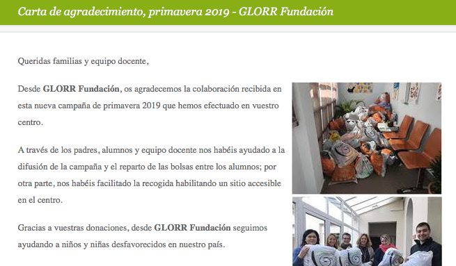 TrinityCollege1's tweet photo. Carta de agradecimiento de la fundación @_Glorr por la campaña solidaria de recogida de ropa que organizó el colegio durante el mes de mayo. ���👕👖👗👞
#WeAreTrinityCollege 🦁 #TrinitySolidario
#Colegios #Educación #Padres https://t.co/i0e0ff0z19