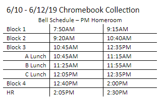 ColoniaHigh's tweet photo. Here is the adjusted schedule for Underclassmen Chromebook collection https://t.co/5G9N5hRv45