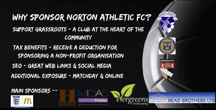 norton_athletic's tweet photo. Why should you sponsor Norton Athletic FC 🤔 #ForzaNorton #CommunityClub #Grassroots big thanks 👏🏻 to our main sponsors @evergreenslltd @MidasDisplays #HolmesBuilders #ReadBros https://t.co/gvGGzFvFi9