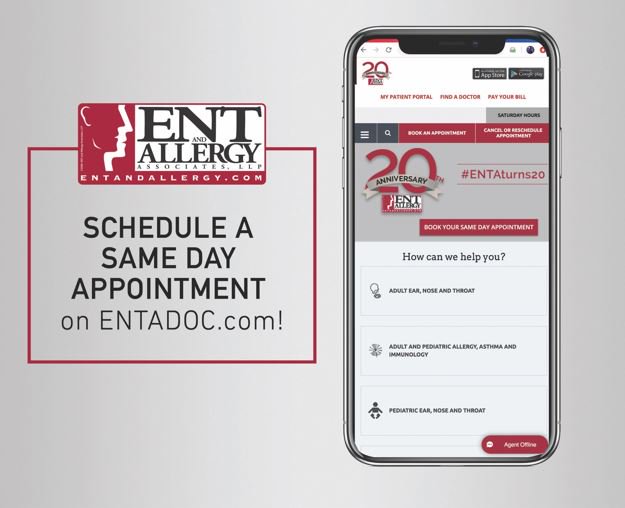 ENT_and_Allergy's tweet photo. With ENTADOC, you can book online today and see us today!
#BookOnlineAnytime #ENTADOC #SAMEDAY https://t.co/vkoxC5rqFQ