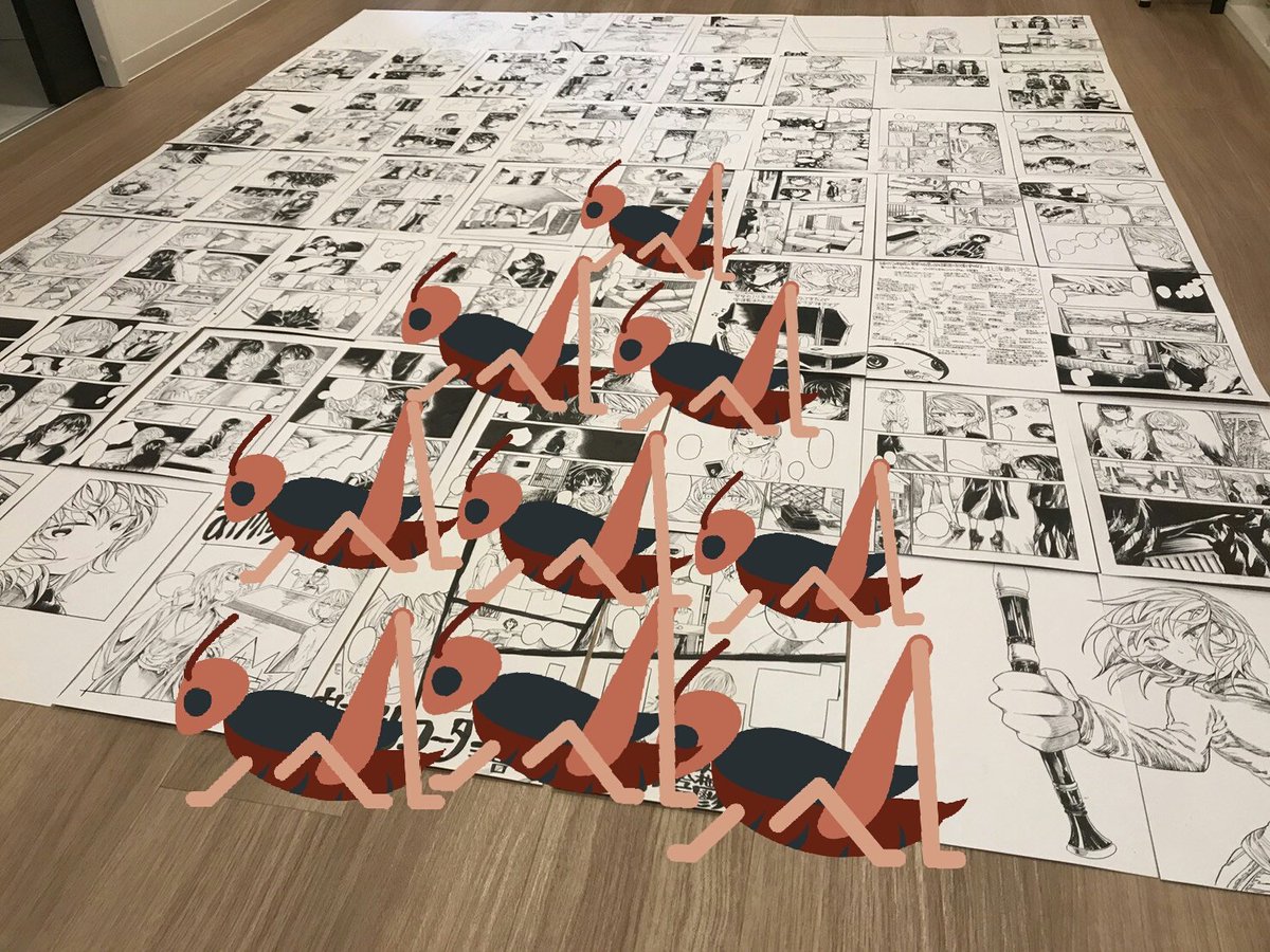 これは床に敷き詰めた紙です。スタンプはネタバレを防ぐやつです  見ないで、でも見て、ちょっとは見て…みたいな心と寿司欲求とかです 