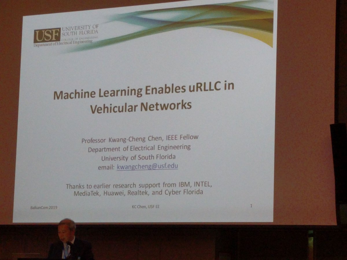 Prof. K.C. Chen giving a keynote talk on how machine learning enables #uRLLC in vehicular networks.
..
#BalkanCom2019 #5G