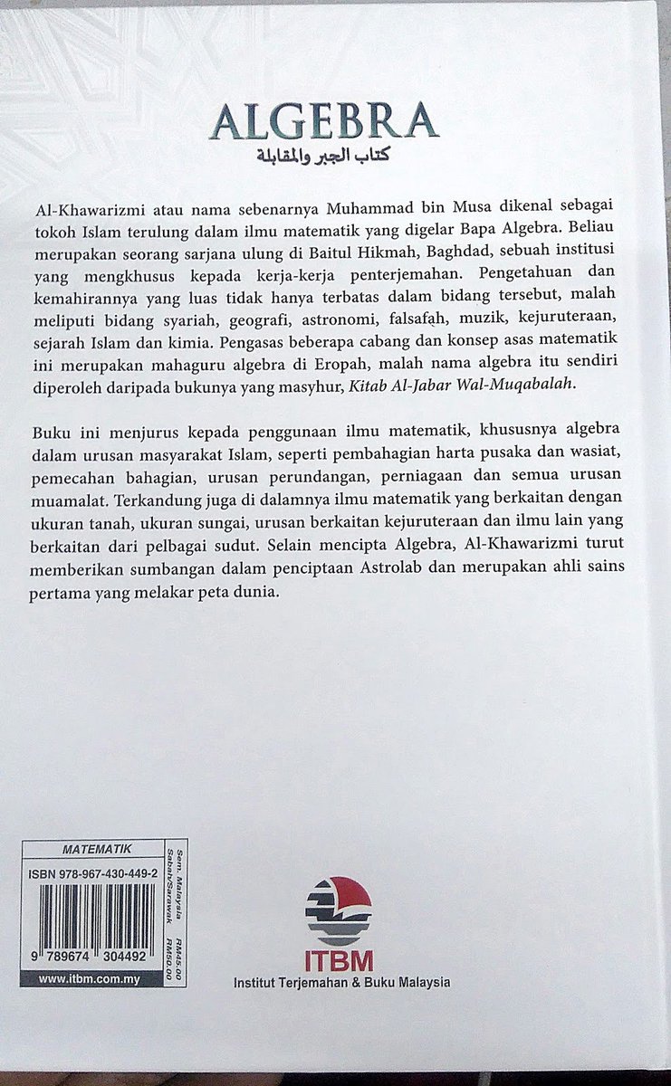 Jika ada sesiapa yang ingin menelaah karya Al-Khawarizmi, bolehlah ke Institut Terjemahan Bahasa Melayu  @rakanITBM. Tajuknya "Algebra".Ada banyak lagi permasalahan yang dibincangkan dalam buku yang aku belum sempat telaah.  #MalaysiaMembaca