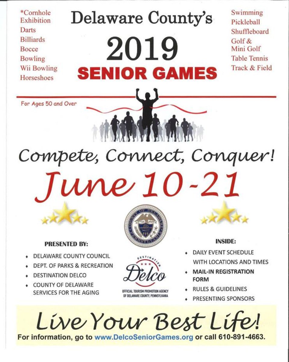 VisitDelcoPA's tweet photo. Over 700 #seniorathletes will showcase their skills in Olympic-style sports including golf, bowling, table tennis, horseshoes, pickleball and track and field at the #DelawareCountySeniorGames. Learn more and check out the events at https://t.co/MaswYH822q #inspiring #delcosummer https://t.co/hyu0MK9KIe