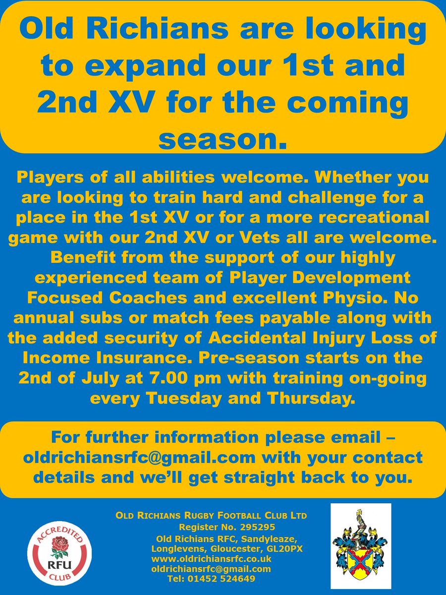 Old Richians are looking to expand our 1st and 2nd XV for the coming season <a href="/GRFUrugby/">#GRFU</a> #Rugby #rugbyunion #gloucestershire #gloucester <a href="/SW_Rugby/">SW Rugby</a> <a href="/swsportsnews/">South West Sports News</a>