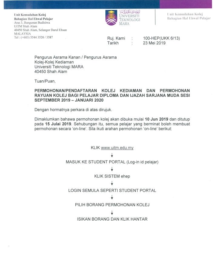 Contoh Surat Permohonan Menduduki Kolej Kediaman Uitm