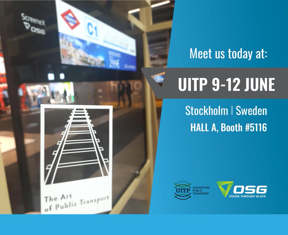 OSGSafetyGlass's tweet photo. Day 1 of #UITP2019 in Stockholm. Please visit our booth no. 5116, Hall A. See you there! #OSG #ScreeneX https://t.co/8XpDkg4Ryb