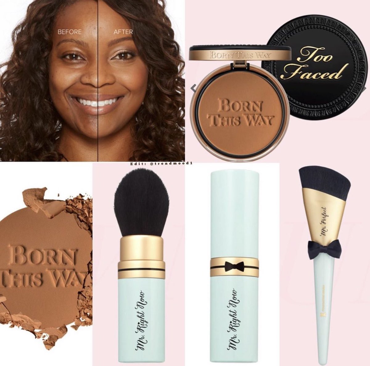 Trendmood's tweet photo. All Shades!! 🚨 @TooFaced #BornThisWay #FoundationPowder 🙌🏻🙌🏼🙌🏽🙌🏾🙌🏿 Born This Way Pressed Complexion Powder $37 in 25 shades + There’s more! New #MrRight Brushes!!! 😍
-Mr. Right Now Makeup Brush Perfectly Portable Powder Brush $34
-Mr. Perfect Foundation Brush $34
#ComingSoon https://t.co/XTq6aJVM3t