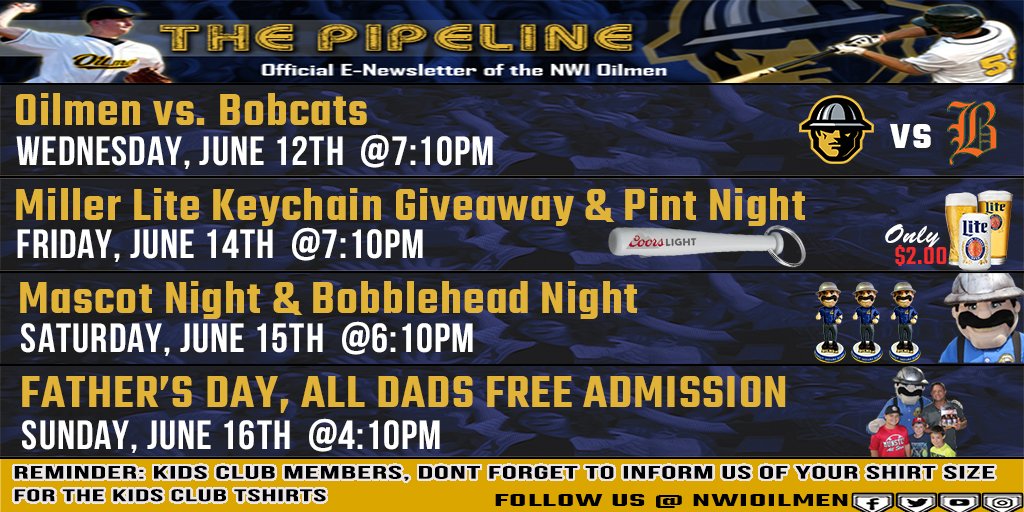 Come out to <a href="/OilCityStadium/">Oil City Stadium</a> for an exciting week of <a href="/NWIOilmen/">NWI Oilmen</a> BASEBALL! 
#GoOilmen
