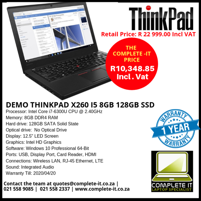 CompleteITCT's tweet image. DEMO THINKPAD X260 I5 8GB 128GB SSD R10,348.85 Contact the team at quotes@complete-it.co.za |  
021 558 9085 |  021 558 2337 | complete-it.co.za  #completecomputersolutions #computersales #computerdemomodels #laptopsales #thinkpaddemolaptop #thinkpad #completecomputers