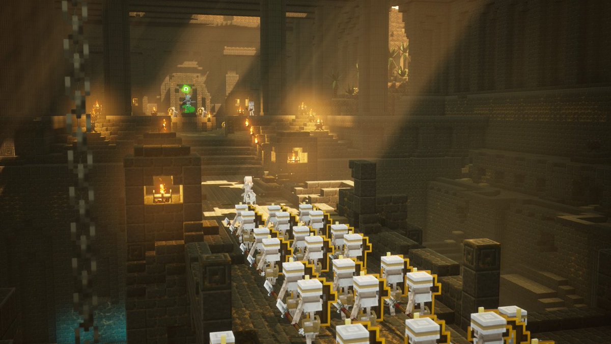 This is my favorite shot from the <a href="/dungeonsgame/">Minecraft Dungeons</a> trailer! When we started to work on this level we were inspired by the Desert Temples of Minecraft. We wanted to explore what might lie hidden below them, just waiting to be explored. Are you hyped to find out?!