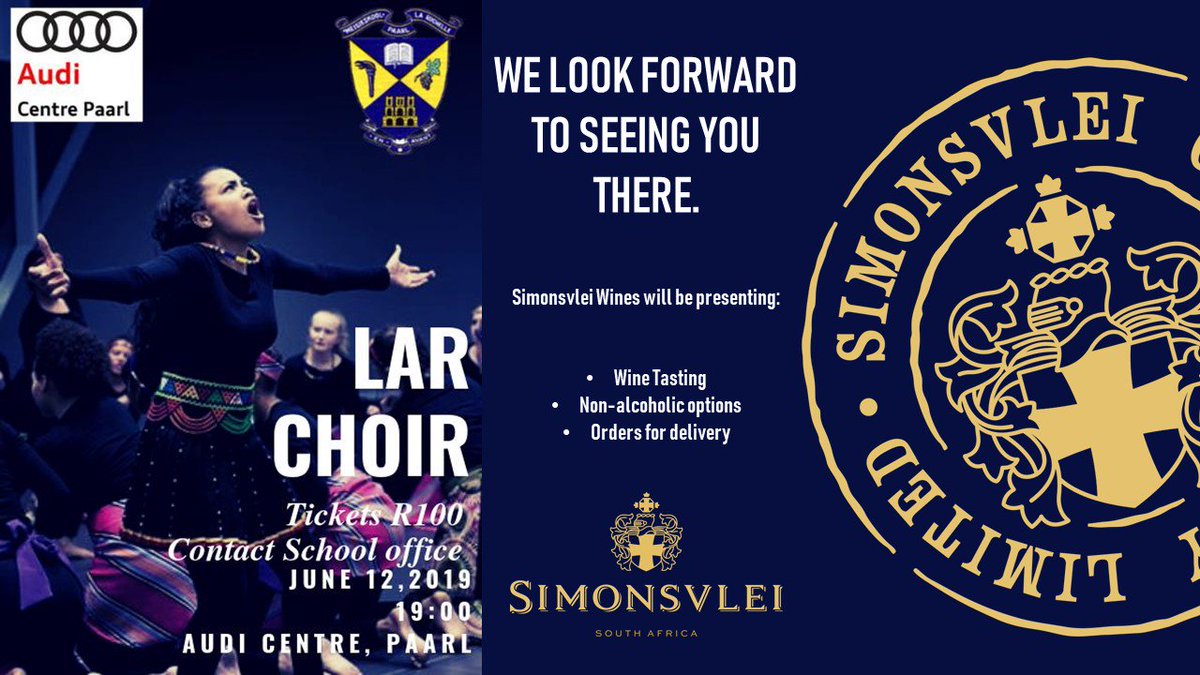 We invite you to support La Rochelle Girls' High School and join us for an unforgettable evening of song, wine and celebration.
12 June 2019, Audi Centre, Paarl, R100 pp
Bookings essential: Tickets at the School office.