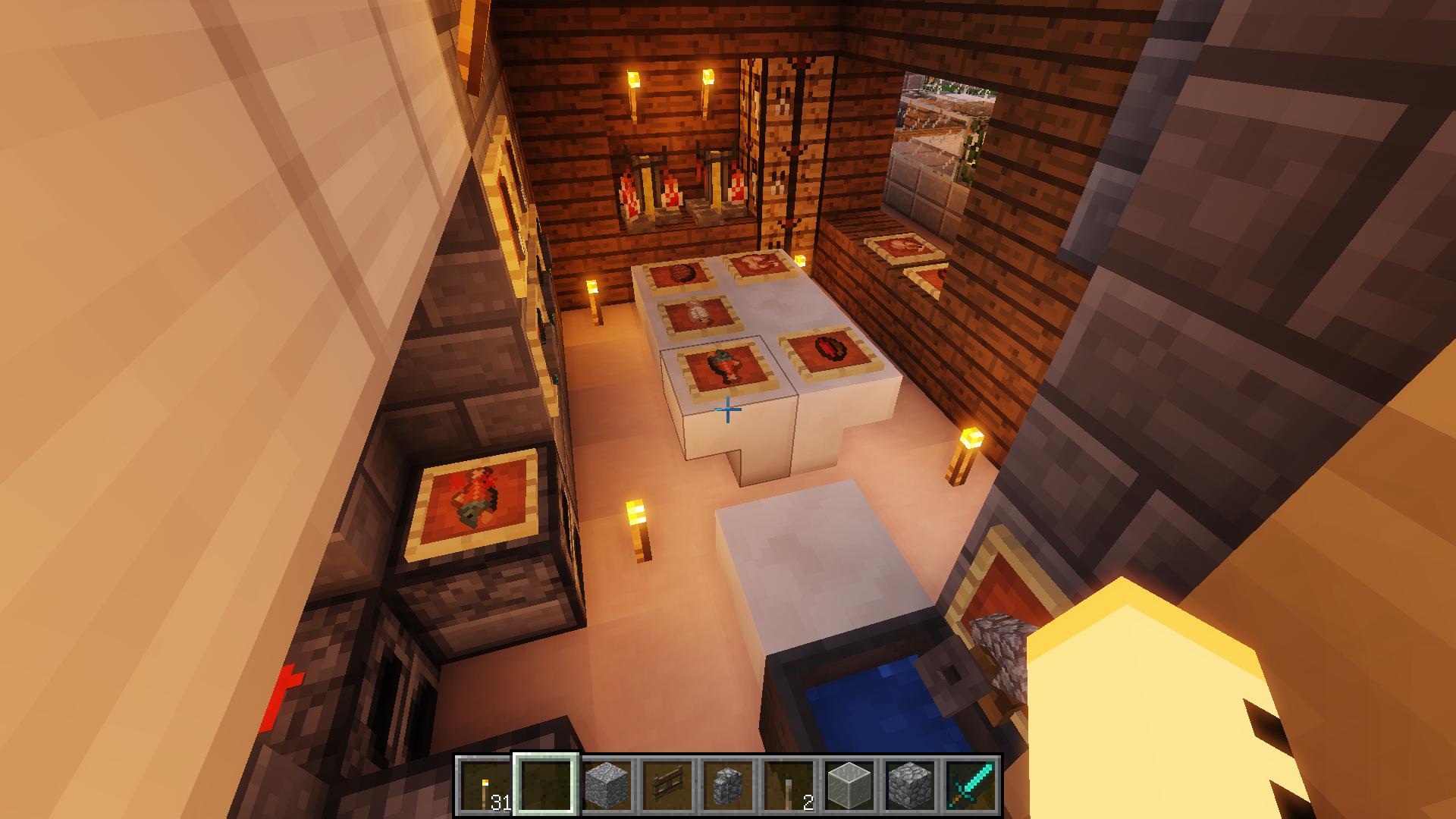 はじめ人間オクタゴン で 店のキッチン W キッチンはいつも通りのやーつ 換気扇 ｉｈ 飲み物コーナー 水道 額縁はお皿のイメージです マインクラフト マイクラ 影ｍｏｄ建築練習 石レンガのレストラン キッチン内装 T Co