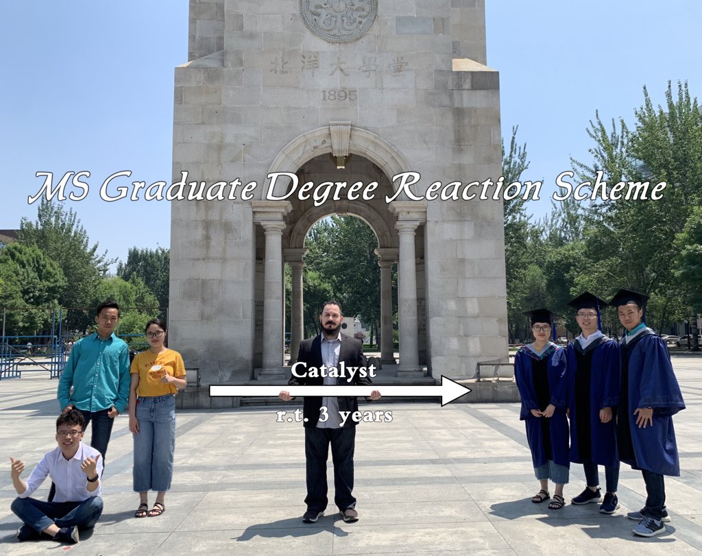 MARK_A_OLSON's tweet photo. It's graduation time here at Tianjin University and here is Olson Group's MS graduate degree reaction scheme, courtesy of @Yanhai_NI ! >95 % yield of course. #academiclife #science #Chemistry #ChemTwitter #Graduation2019 https://t.co/pyMmD9zHns