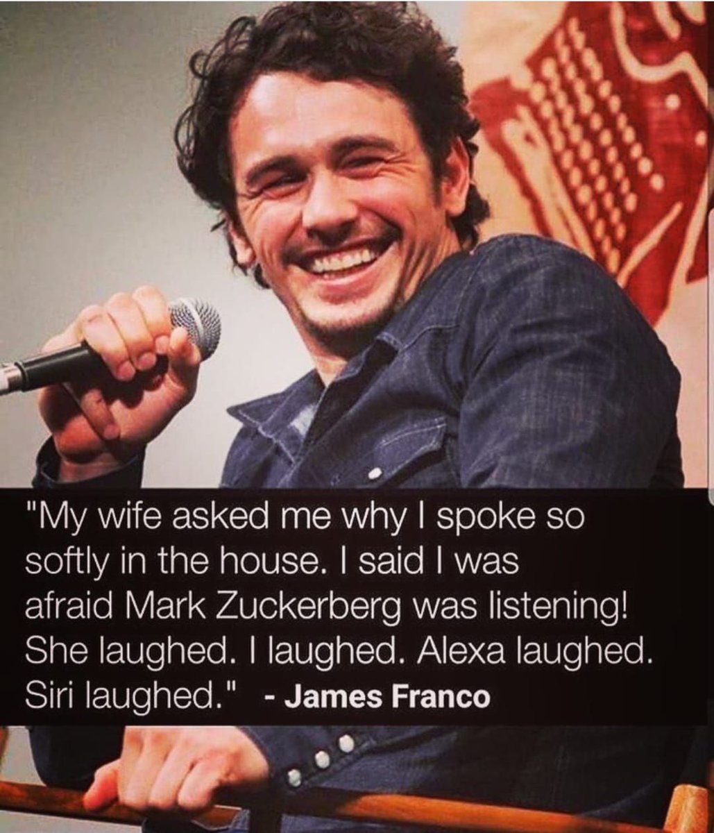 Siber_Bulten's tweet image. &quot;Eşim bana neden evde usulca konuştuğumu sordu. Mark Zuckerberg&apos;in dinlendiğinden endişe ettiğimi söyledim. Bunun üzerine eşim güldü. Ben güldüm. Alexa güldü. Siri güldü.&quot; - James Franco
