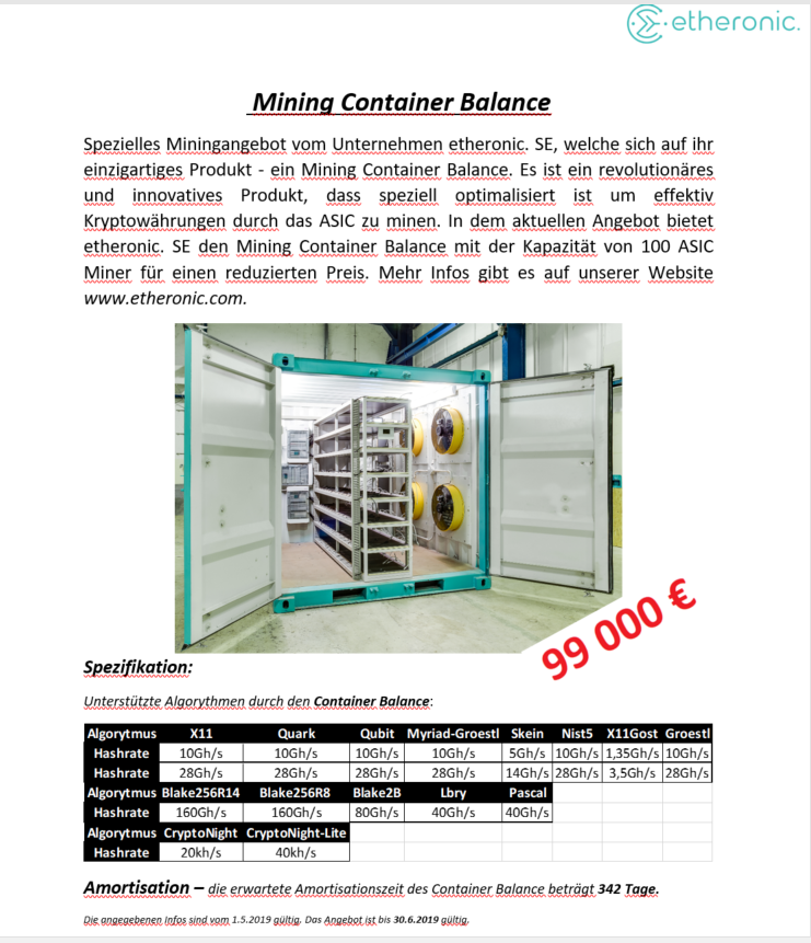 etheronic's tweet photo. Hallo an alle Kryptowährung Liebhaber. Wir haben jetzt  ein perfektes Angebot. Unsere einzigartigen Mining Container mit einer Kapazität von 100Stk ASIC Miner für einen ausgezeichneten Preis.
X - 99.000€
Balance - 99.000€
BX- 88 000 eur
bis zum 31.06.2019 gültig !!! https://t.co/zTOxN9VRbe