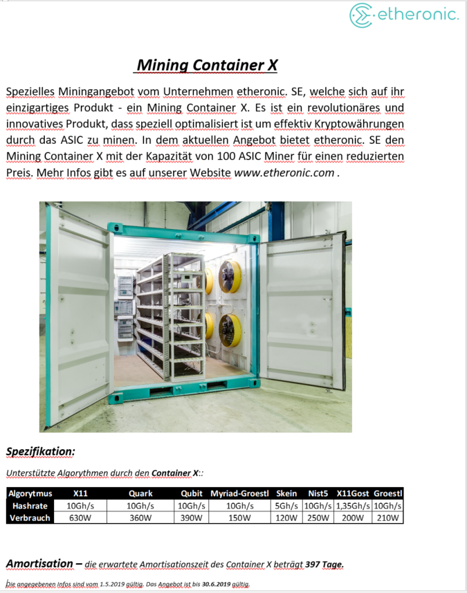 etheronic's tweet photo. Hallo an alle Kryptowährung Liebhaber. Wir haben jetzt  ein perfektes Angebot. Unsere einzigartigen Mining Container mit einer Kapazität von 100Stk ASIC Miner für einen ausgezeichneten Preis.
X - 99.000€
Balance - 99.000€
BX- 88 000 eur
bis zum 31.06.2019 gültig !!! https://t.co/zTOxN9VRbe