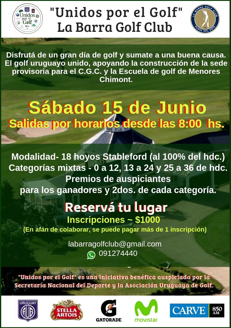 No te pierdas la oportunidad de disfrutar de un gran campo y a la vez, apoyar con tu inscripción el proyecto de la sede provisoria del CGC y la Escuela de Golf de menores Chimont.
Reservá tu lugar con tiempo.
Te esperamos!"
