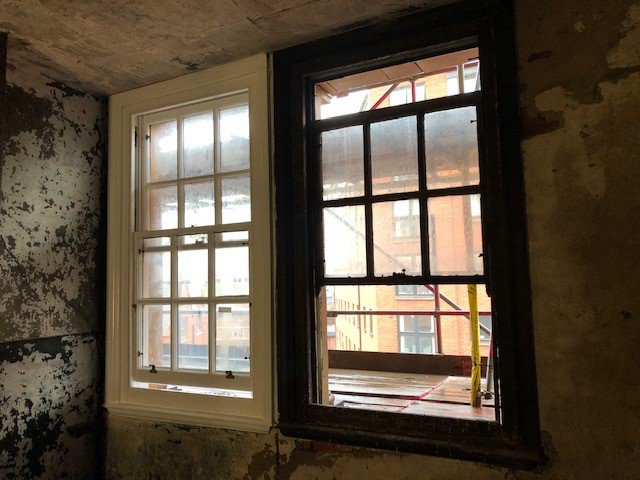Quadrigacltd's tweet image. These photos show the insitu refurbishment of sash windows at London Road Fire Station which are quite unusual in that they are tilt and slide sash windows.

#listedbuilding #timberrepairs #sashwindows #restoration #conservation