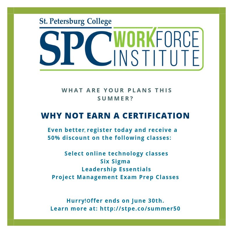 spcnews's tweet photo. Consider earning a #certification during the summer. Even better, the #SPCollege Workforce Institute is offering a 50% discount on select classes. Hurry! Offer ends June 30! Learn more at: https://t.co/vVs07E1XMt
#careerspc #workforcespc https://t.co/mtZGL9HWMZ