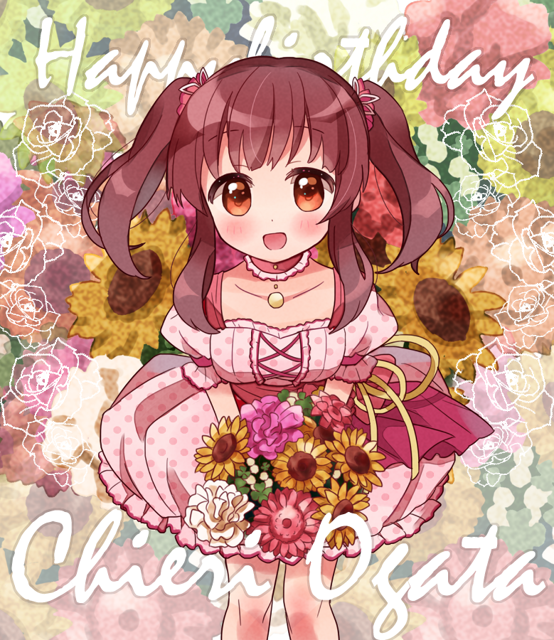 ogata chieri 1girl flower solo dress twintails smile brown hair  illustration images