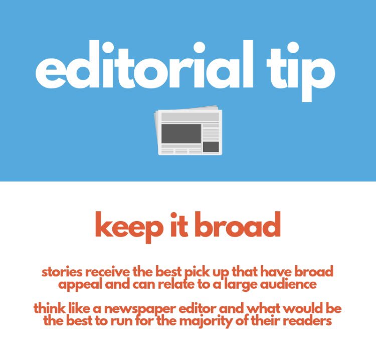 StatePointMedia's tweet photo. #EditorialTip
Increase your chances of newspaper pickup and media outlets running your story by making sure your topic stays broad and applicable to the general public. https://t.co/aeiBoXEC3v