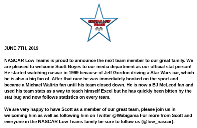 teams_low's tweet photo. Breaking News. Nascar Low Teams is excited to welcome aboard @Wabigama to the @low_nascar family. Scott will be working in the Media Department as our official stats personal. Please everyone go give @Wabigama a follow! @KEMMOCupSeries @Cards2P @maniandevil56 @low_nascar2 https://t.co/HKSppIHuWU