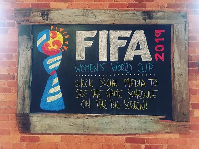 Don’t forget we’re showing all the FIFA games on the big screen downstairs! Check our Instagram or Facebook stories for the times of matches. Come watch a game and cheer for your team! Big thanks to <a href="/calliekebler/">Callie Vogler</a> for the beautiful chalkboard. bit.ly/2XHKzPS