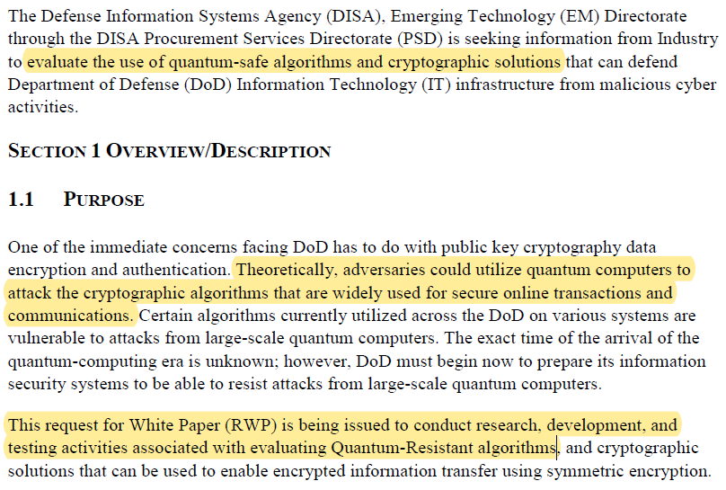cryptovblue's tweet photo. DoD quantum-resistance cryptography. "Adversaries could utilize quantum computers to attack the crypto algos used for secure online transactions." Much of what I've read in #crypto dismisses this as a threat. It isn't until it is. White papers due June 14. #bitcoin https://t.co/UjAvIE5ApZ