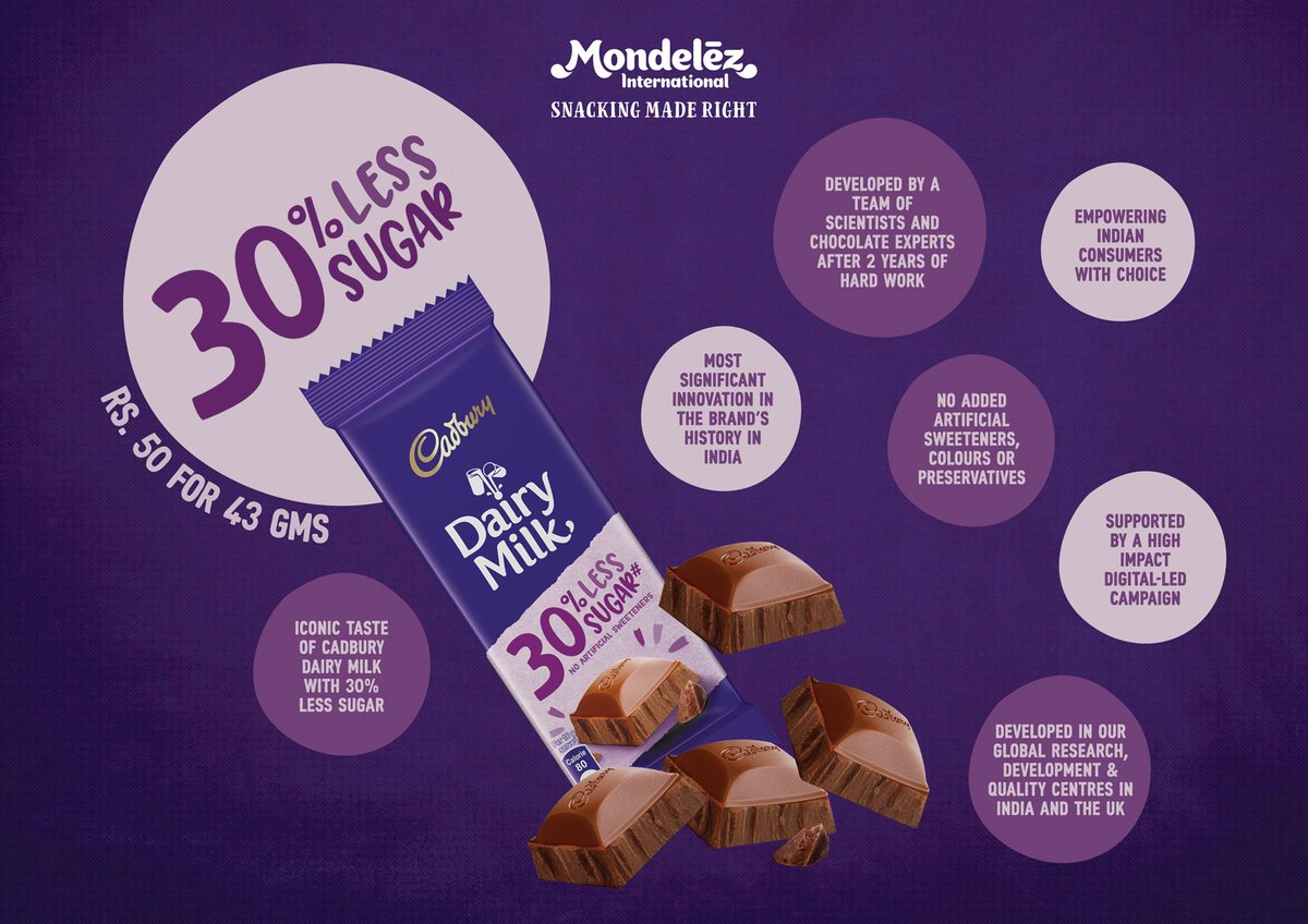 MDLZ's tweet photo. We are empowering our consumers in #India with choice. Introducing the iconic @DairyMilkIn with 30% Less Sugar! #SnackingMadeRight #CheeniKumCDM #WahiSwaadWahiMithaas https://t.co/uxM9d86w3u